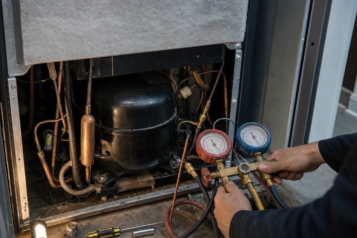 A manifold gauge set held at the open compressor bay of a built-in refrigerator, insulation panel lifted above and hand tools on the floor