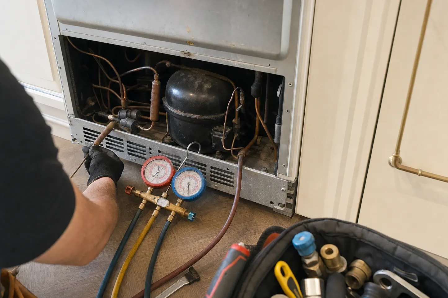 Manifold gauges resting on the floor with hoses run into the open compressor bay of a built-in refrigerator, an open tool bag beside them