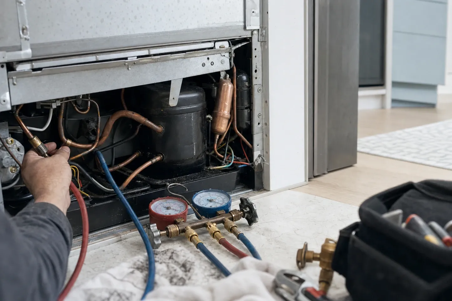 A hand holding a charging hose at the sealed-system connection inside the compressor bay of a built-in refrigerator, gauges set down on the floor
