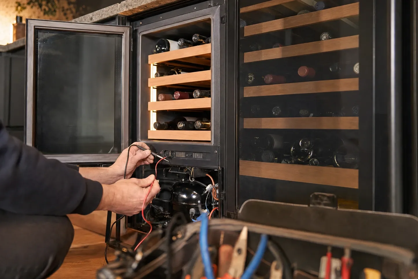 Multimeter probes held at the compressor compartment of a wine cooler, bottles resting on wooden racks in the cabinet above