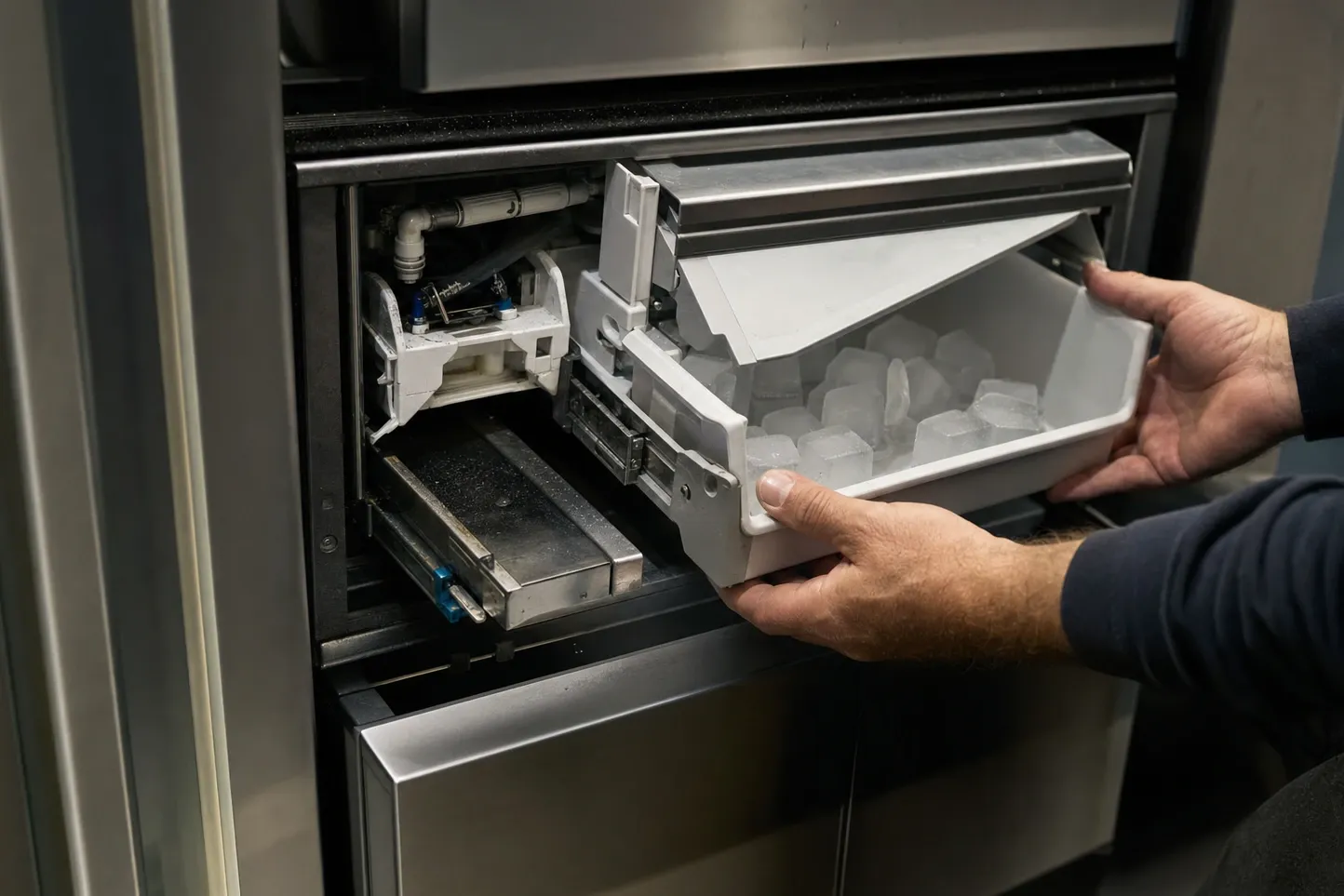 Hands drawing a bin of ice cubes out of the ice maker compartment of a stainless built-in, the ice module visible in the bay behind it
