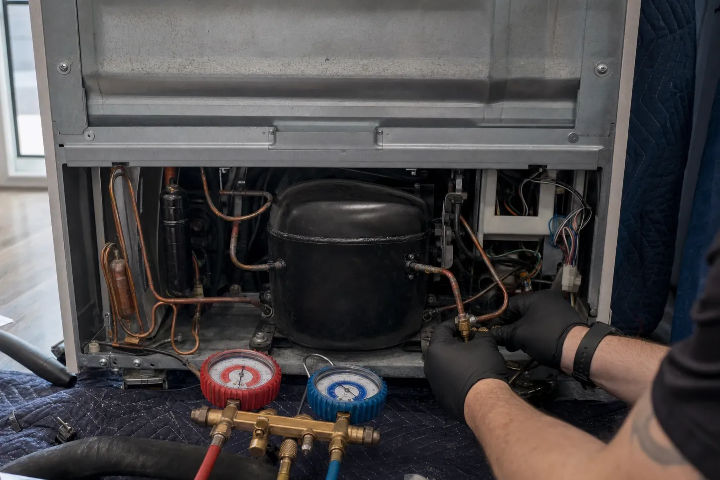 Gloved hands working at the service valve on the copper line beside a refrigerator compressor, manifold gauges on a quilted blanket in front